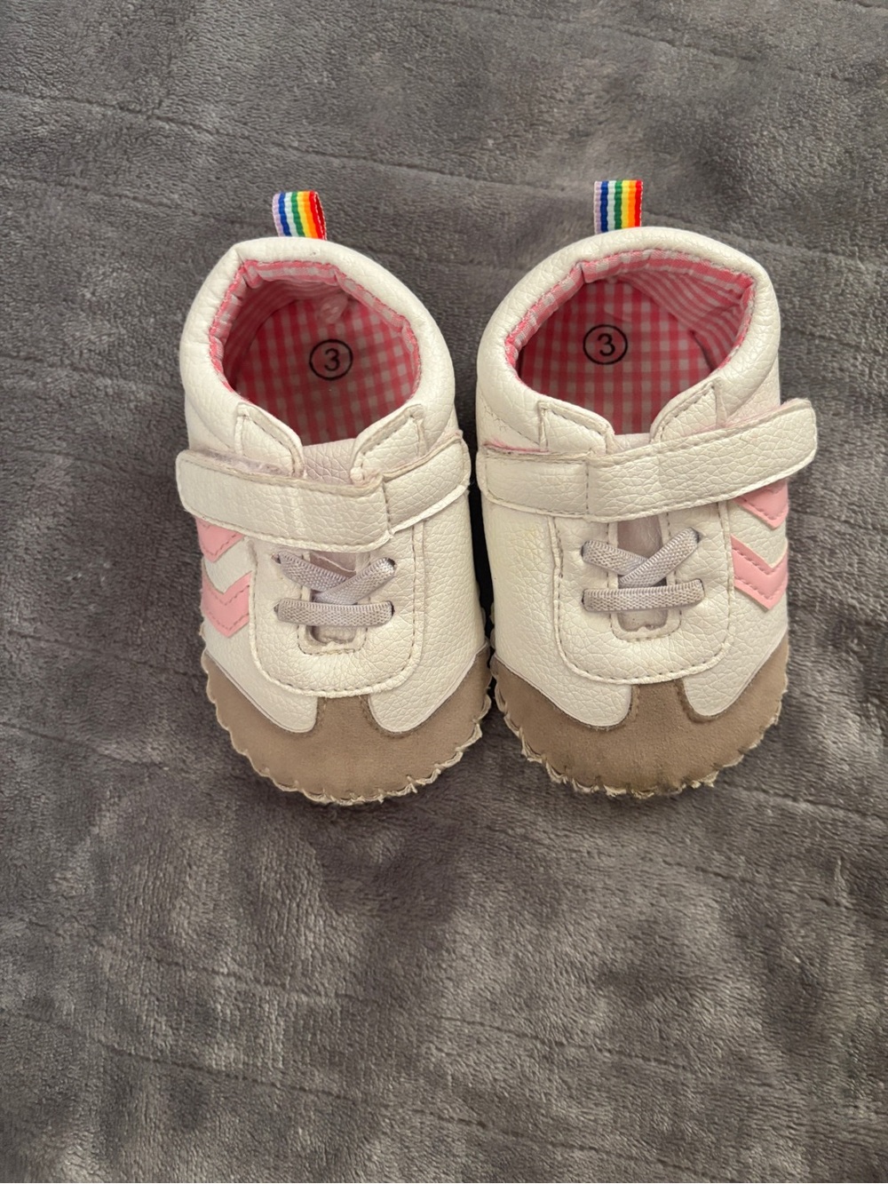 Amazon White and Pink Baby Walker Shoes with Tan Suede Toe